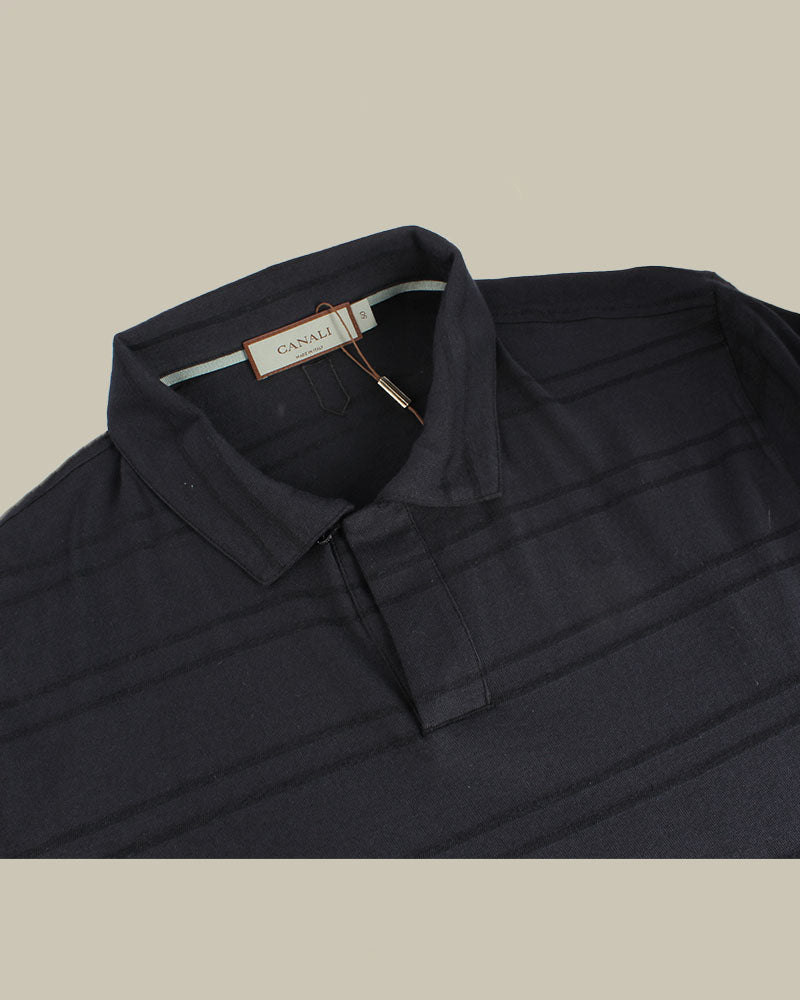 Navy Striped Cotton & Linen Polo