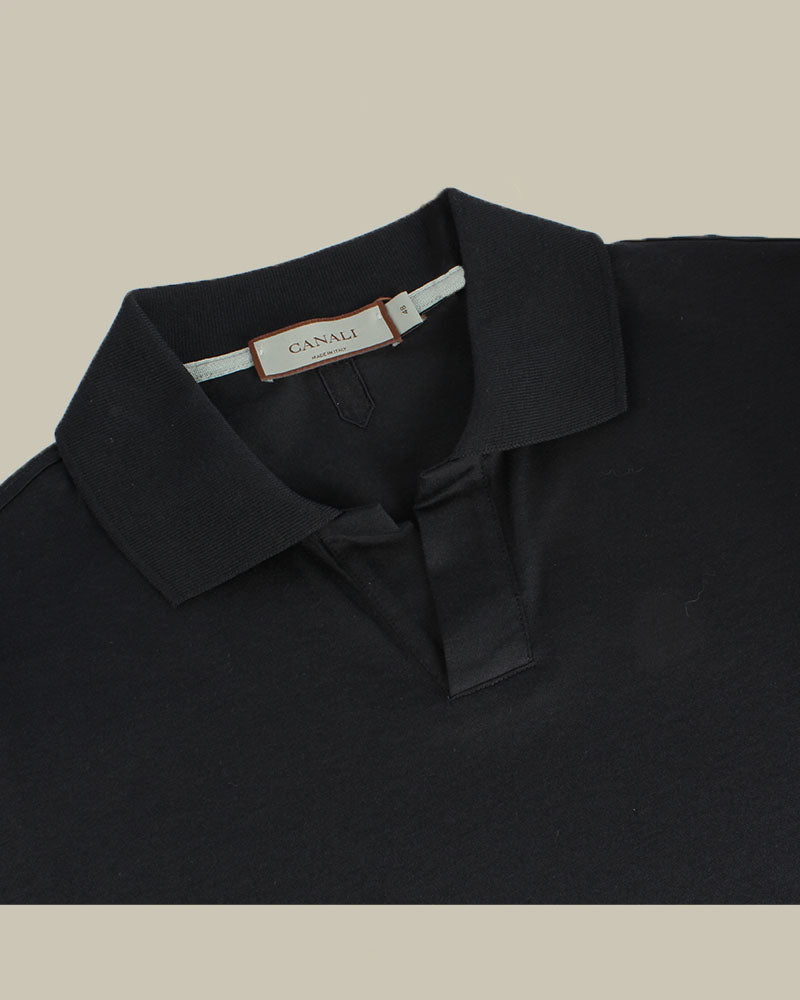 Navy Cotton & Silk Skipper Collar Polo