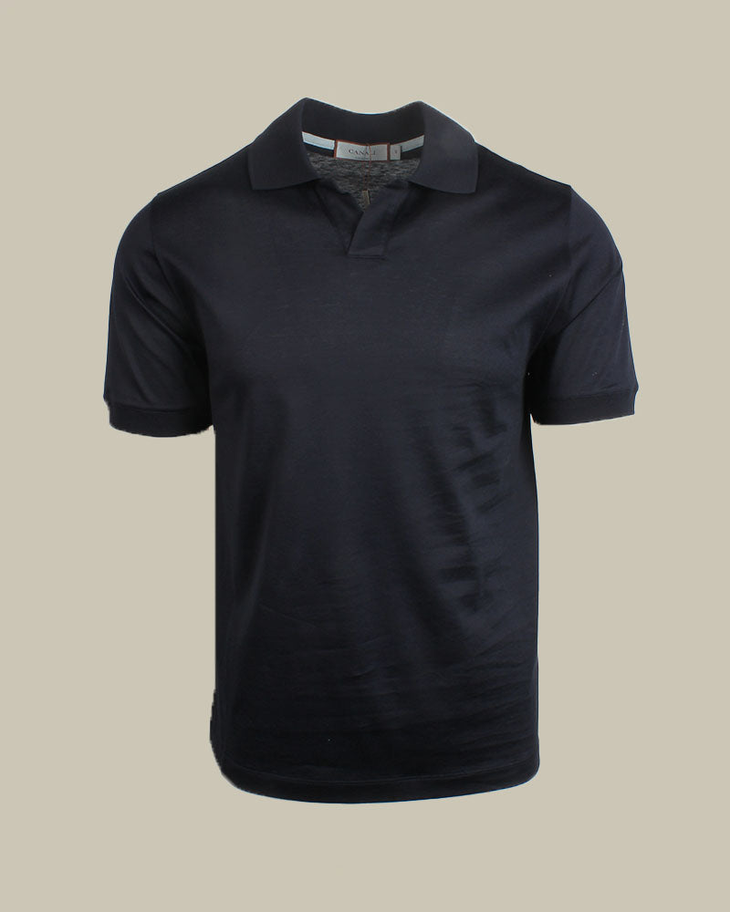Navy Cotton & Silk Skipper Collar Polo