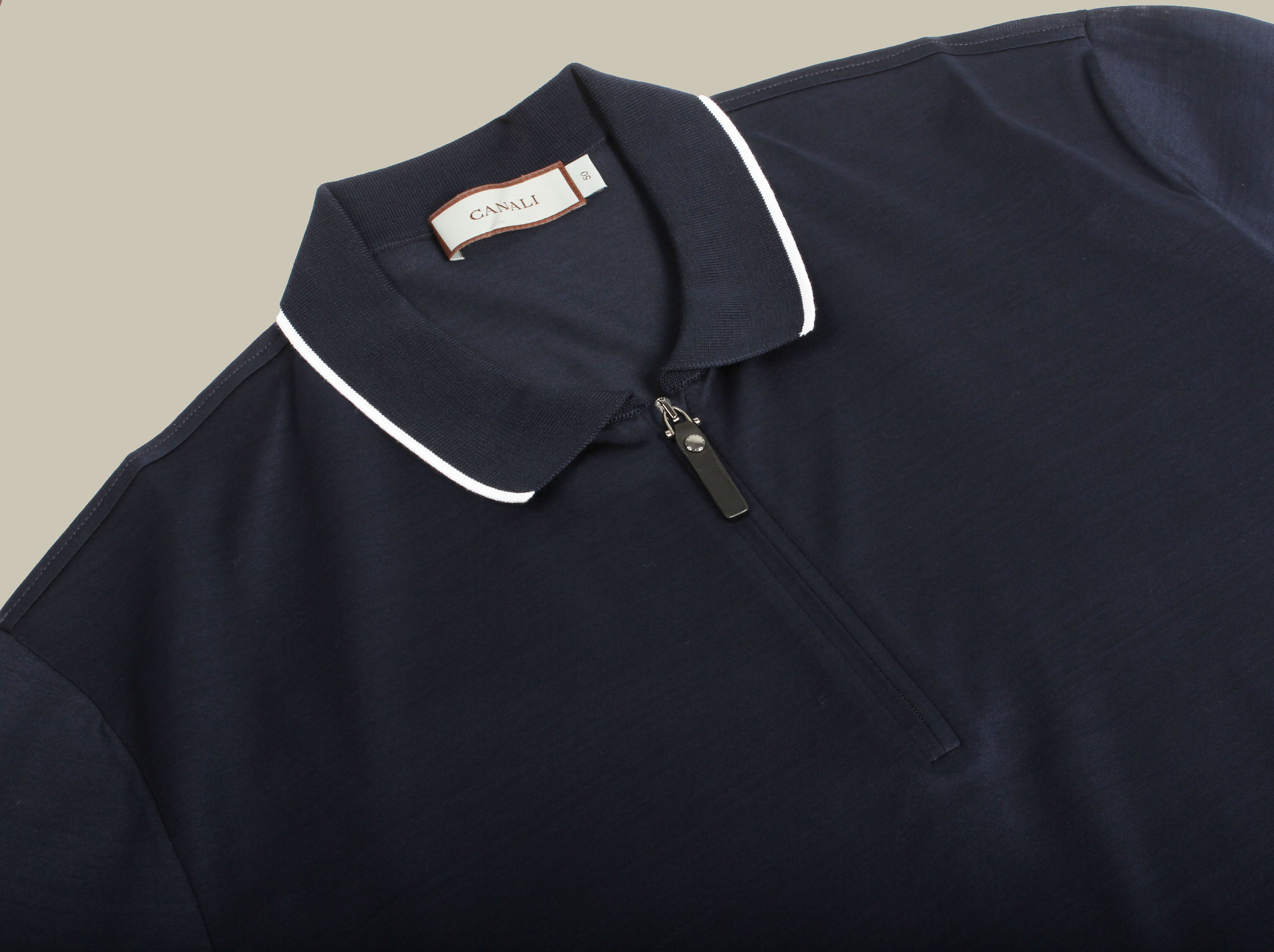 Mercerised Cotton Zip Polo With Rib Knit Contrasting Collar Navy