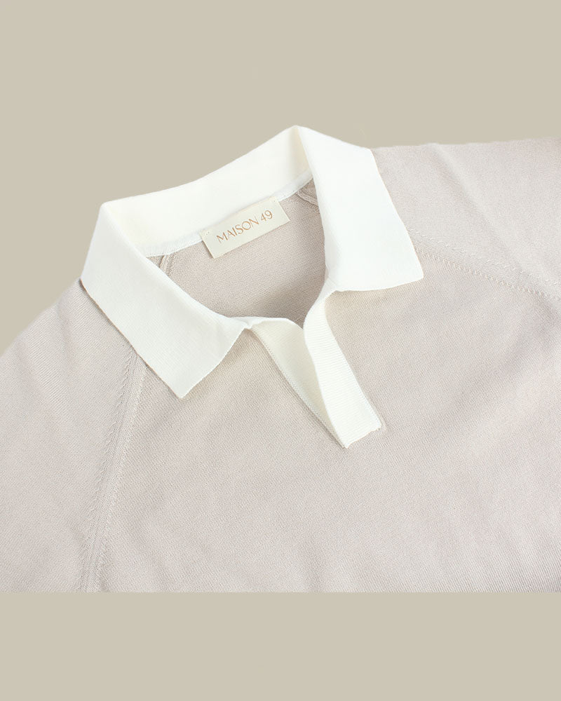 Beige Organic Cotton Contrast Skipper Collar Knit Polo