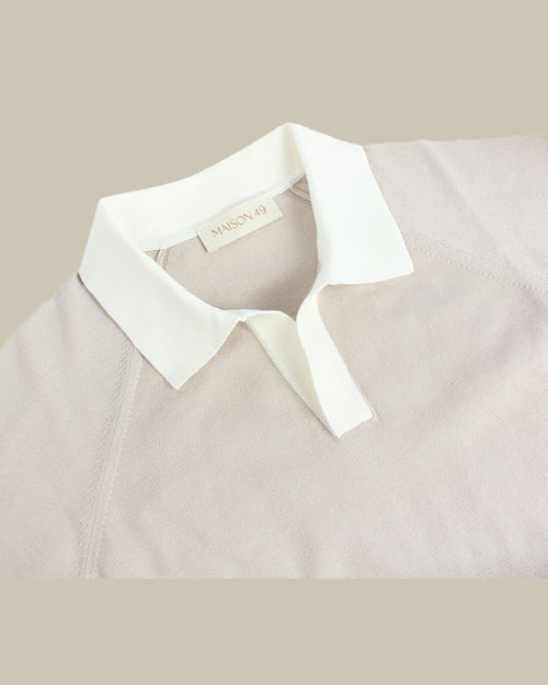Beige Organic Cotton Contrast Skipper Collar Knit Polo
