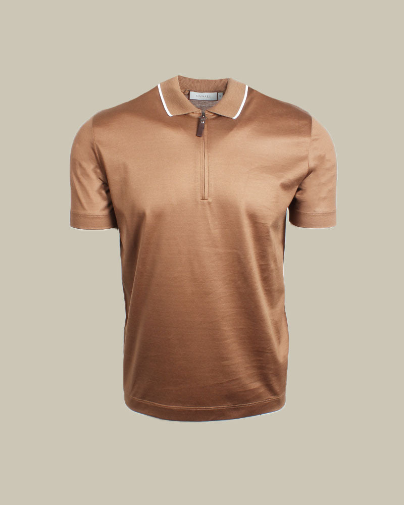 Mercerised Cotton Zip Polo With Rib Knit Contrasting Collar Tobacco