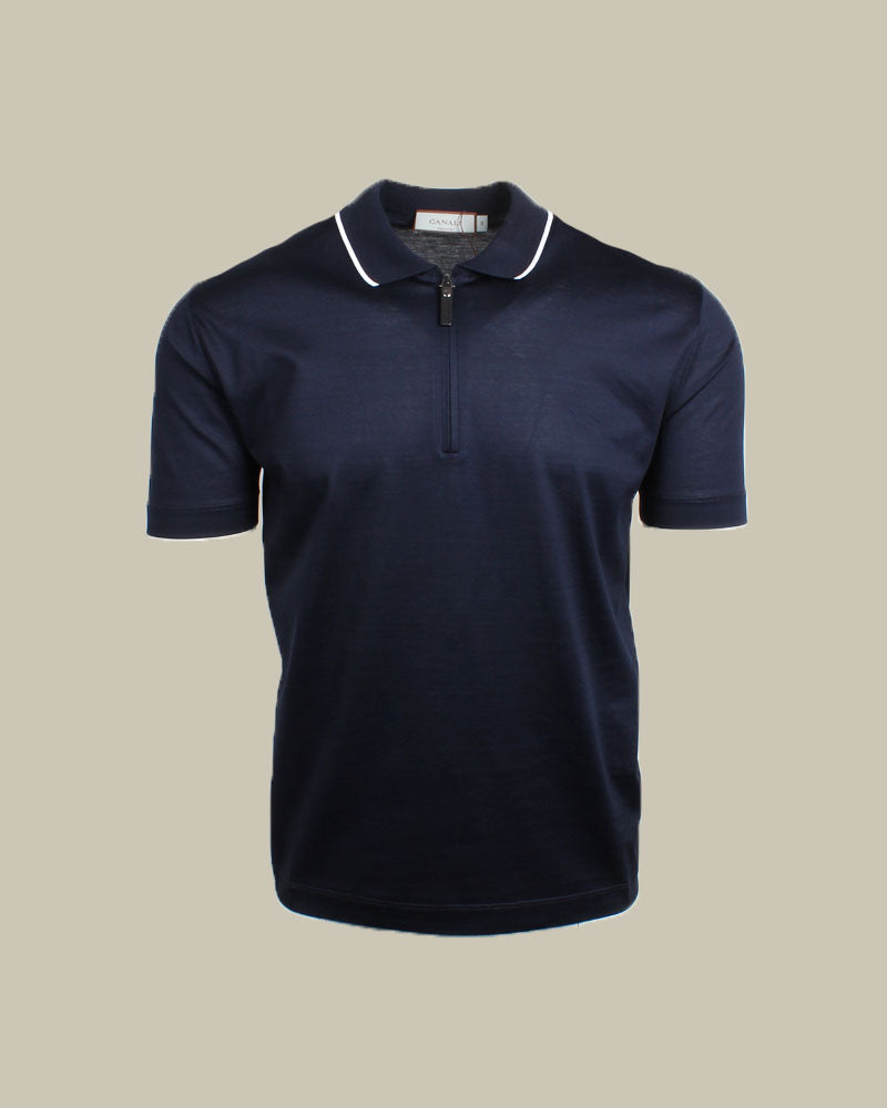 Mercerised Cotton Zip Polo With Rib Knit Contrasting Collar Navy