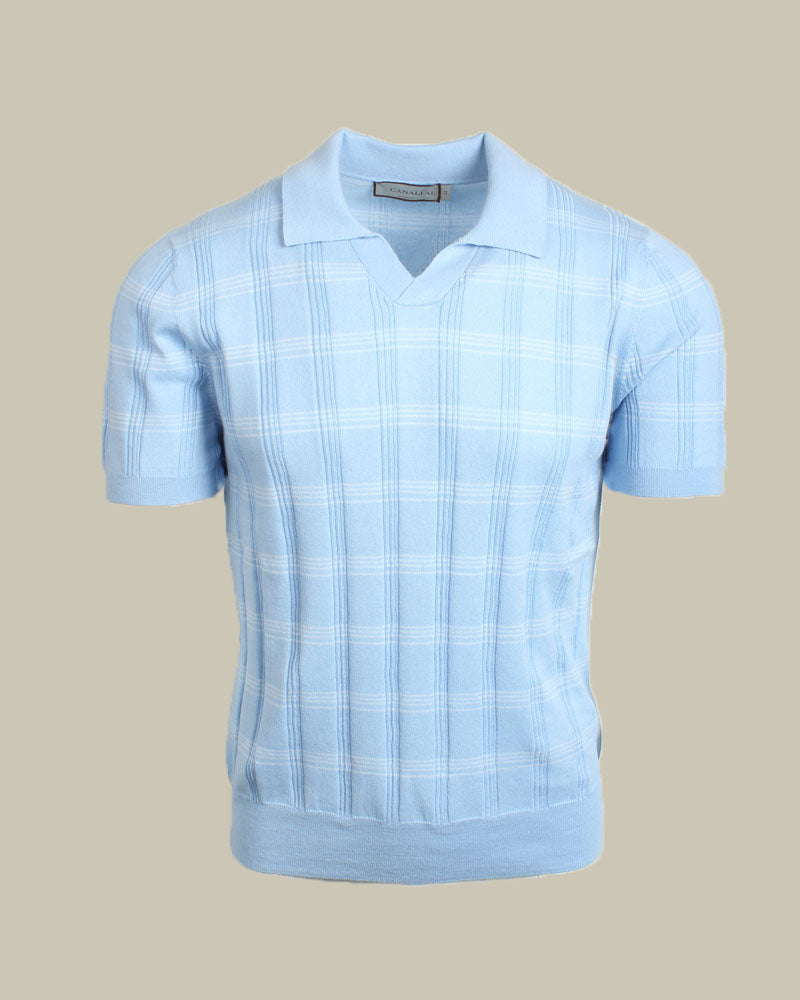 Cotton Checked Knitted Skipper Collar Polo Sky Blue