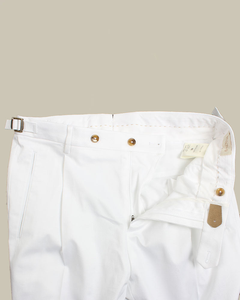White Stretch Cotton 1 Pleat Chino With Side Adjusters