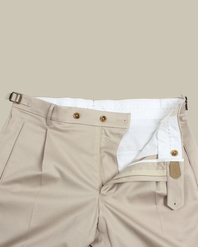 Beige Stretch Cotton 1 Pleat Chino With Side Adjusters