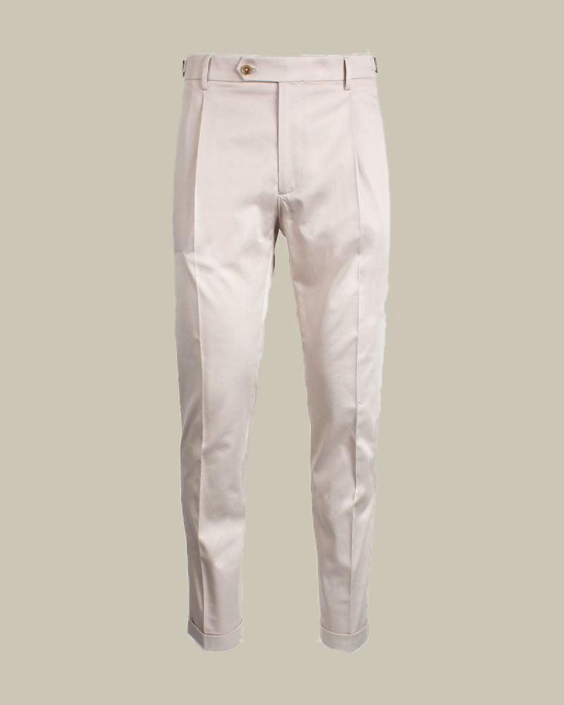 Beige Stretch Cotton 1 Pleat Chino With Side Adjusters