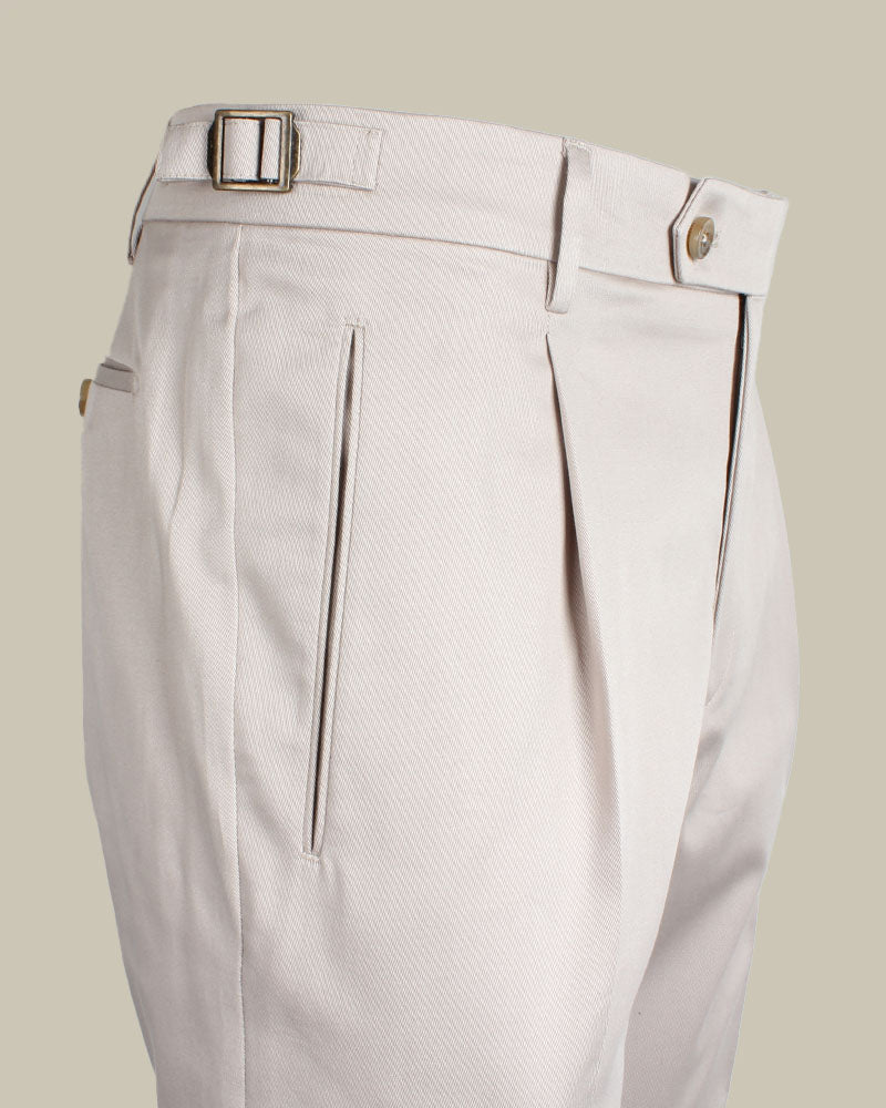 Beige Stretch Cotton 1 Pleat Chino With Side Adjusters