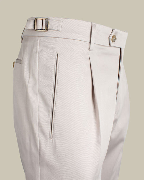 Beige Stretch Cotton 1 Pleat Chino With Side Adjusters