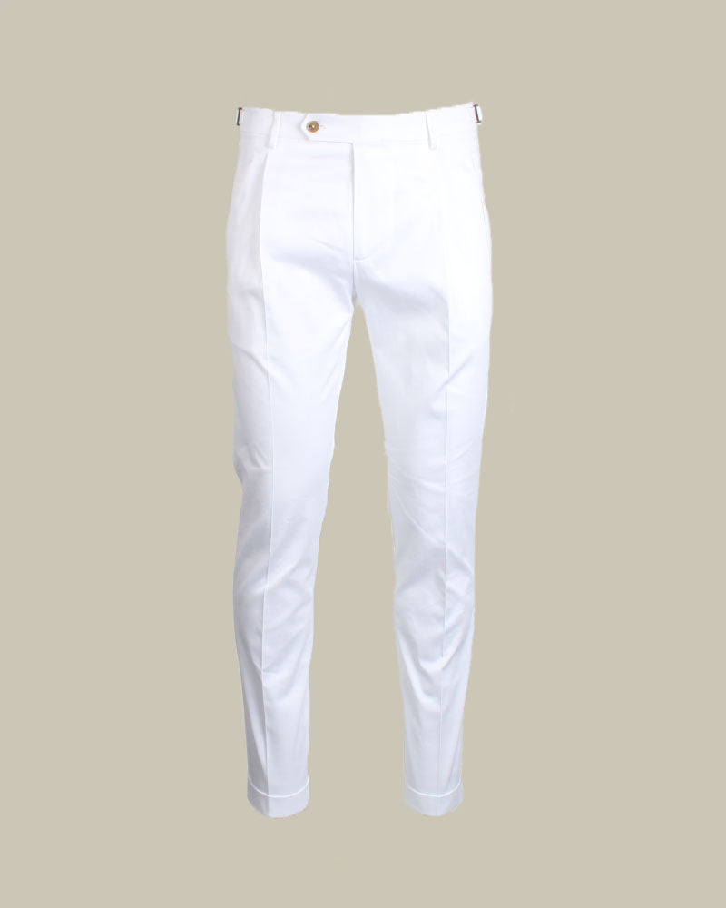 White Stretch Cotton 1 Pleat Chino With Side Adjusters