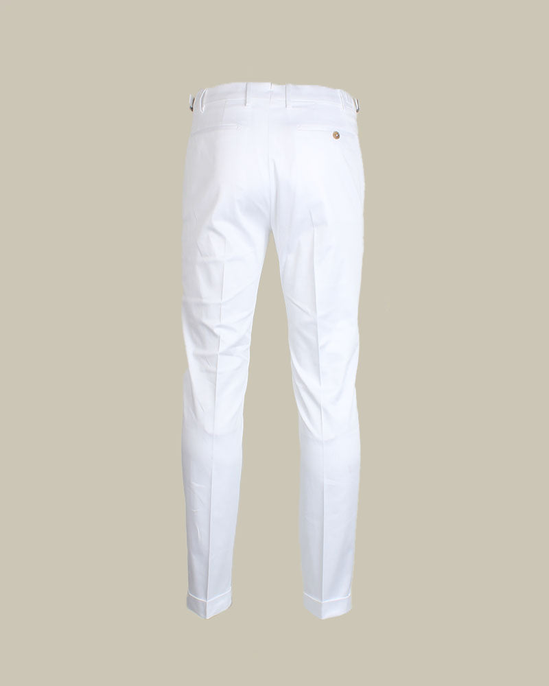 White Stretch Cotton 1 Pleat Chino With Side Adjusters