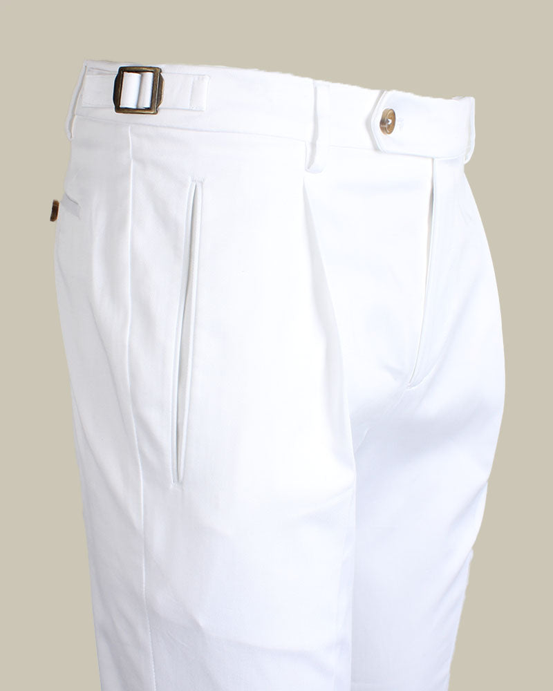 White Stretch Cotton 1 Pleat Chino With Side Adjusters