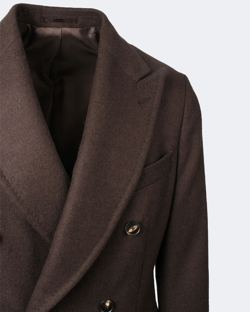 Brown Double Breasted Martingale Overcoat in Loro Piana Merino Wool