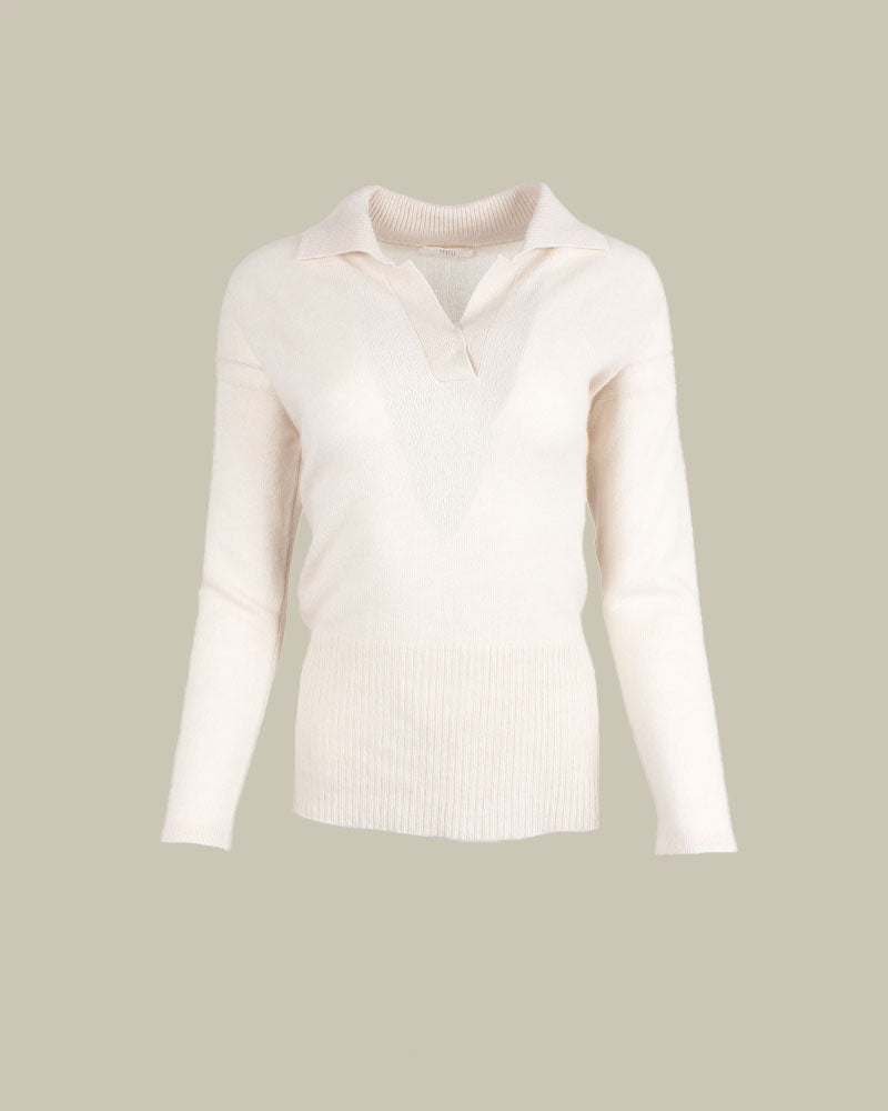 Long Sleeve Knitted Cream Cashmere Polo