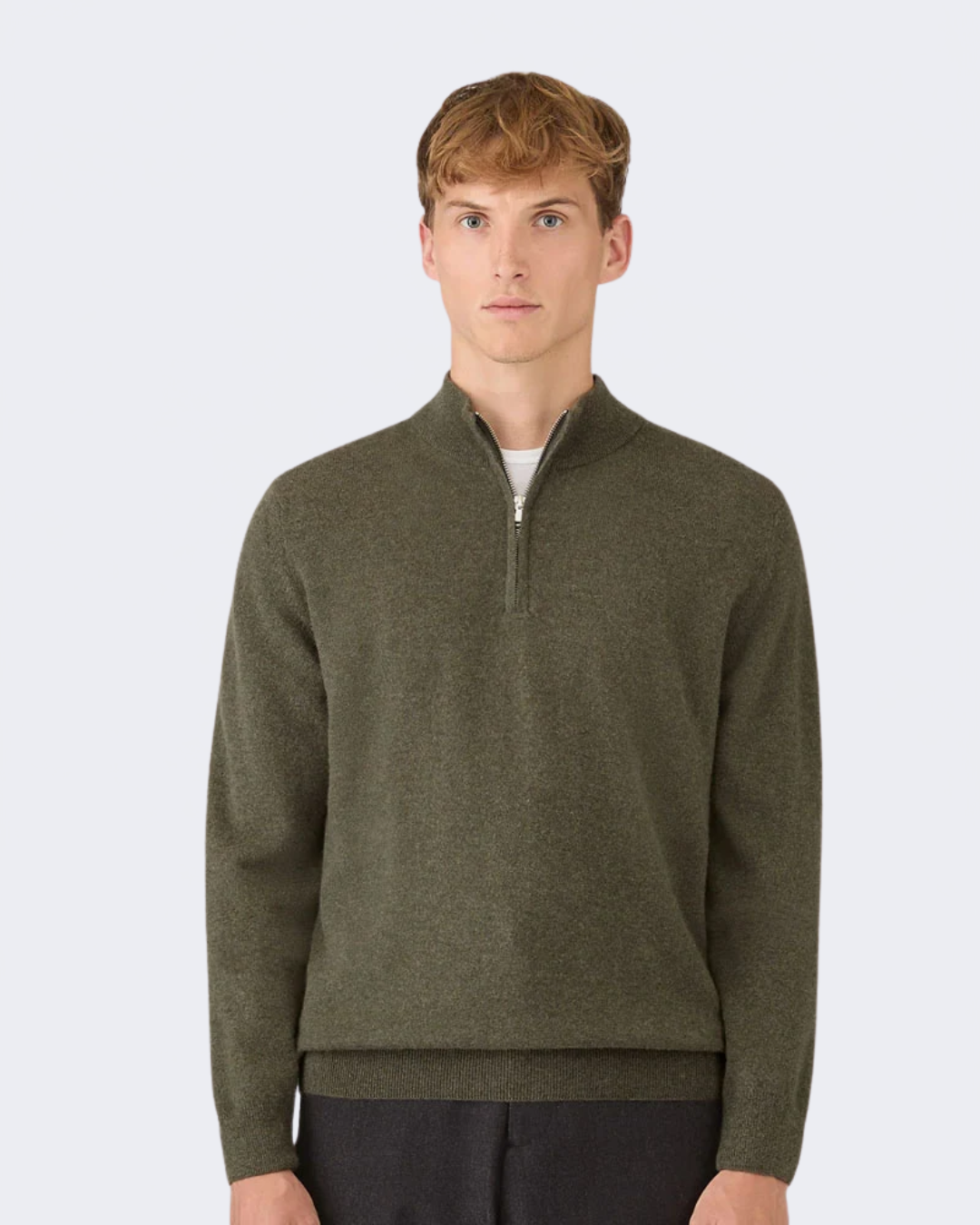 Khaki Cashmere Half Zip Jumper