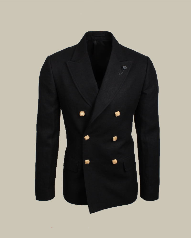 Black Double Breasted Linen Jacket With Gold Buttons