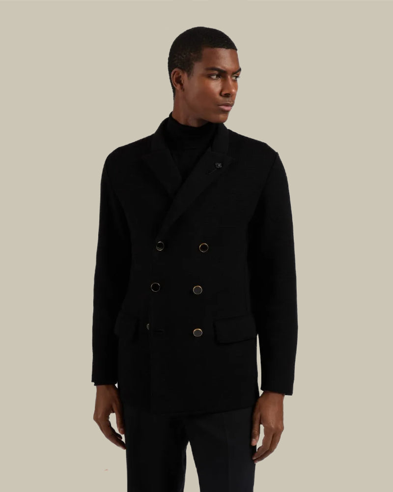 Black Double Breasted Wool Peacoat