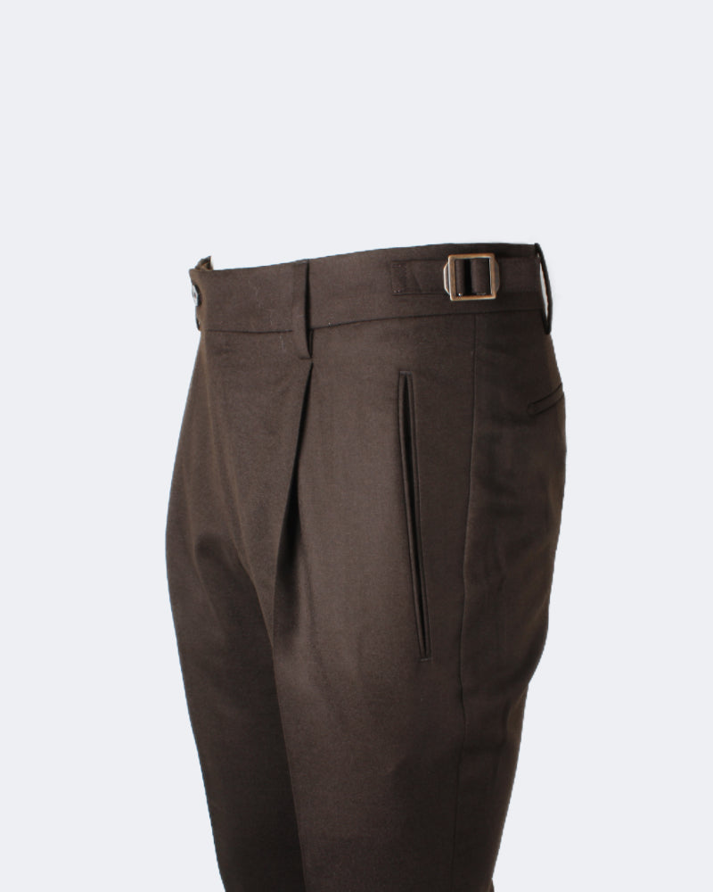 Dark Brown Virgin Wool Side Fasten Pleated Trouser
