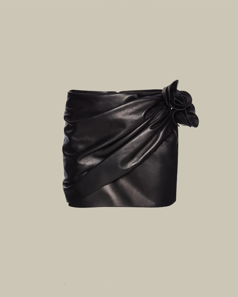 Draped Black Leather Mini Skirt