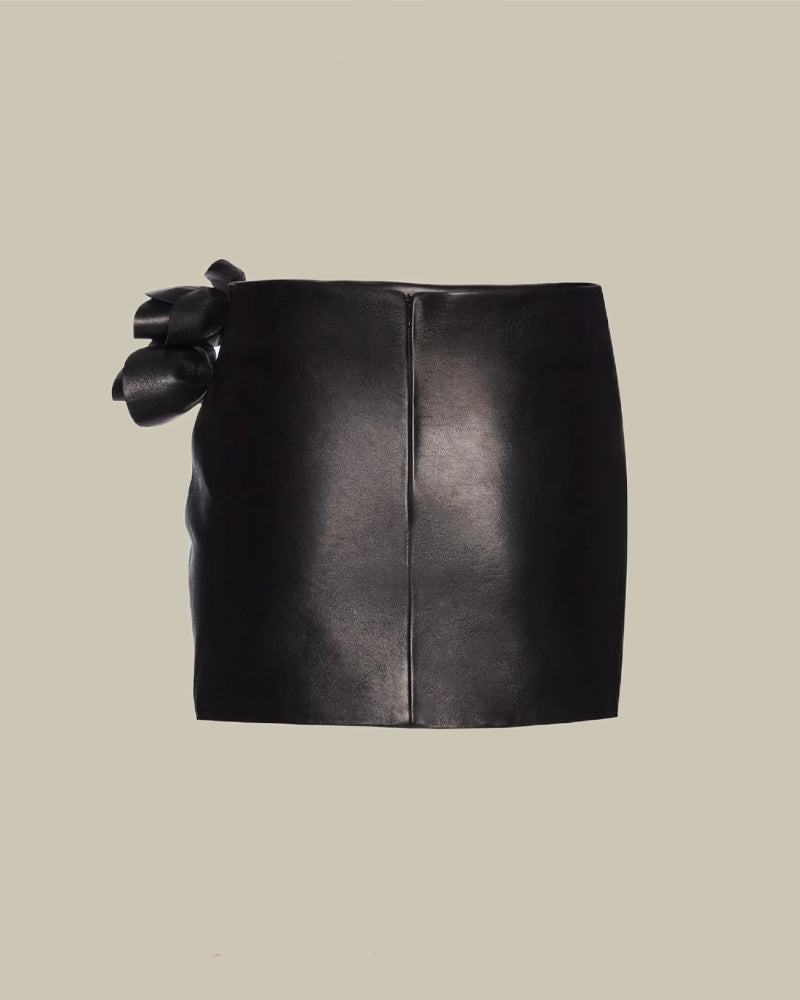 Draped Black Leather Mini Skirt