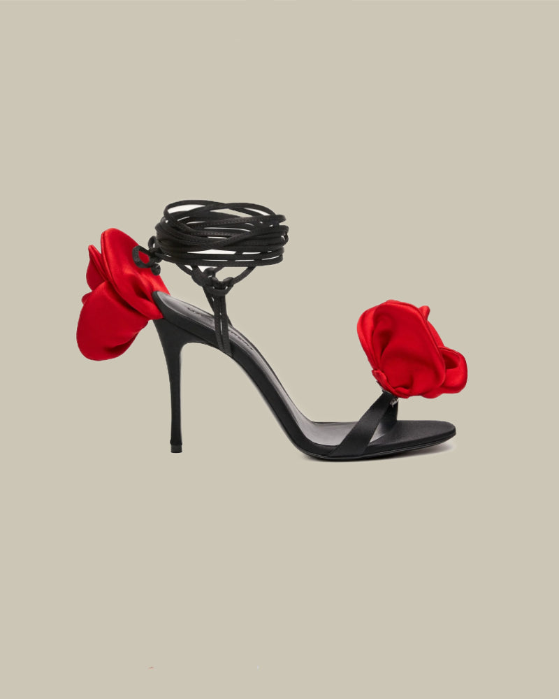 Double Red Flower Heel Sandals in Black Satin