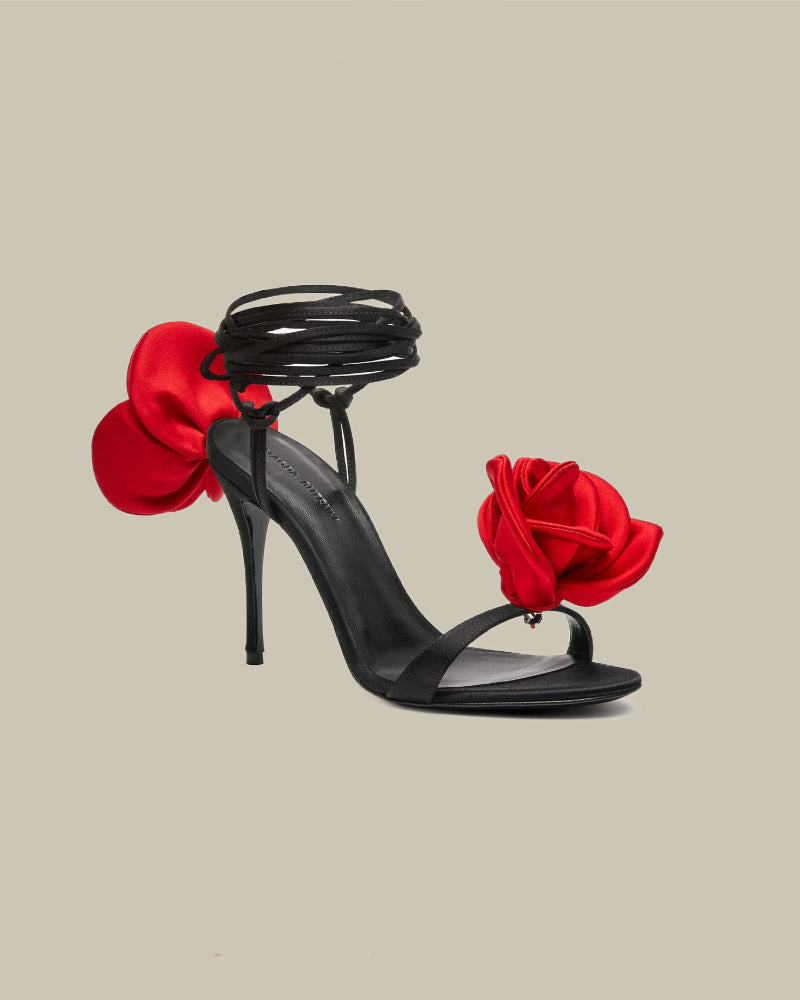 Double Red Flower Heel Sandals in Black Satin
