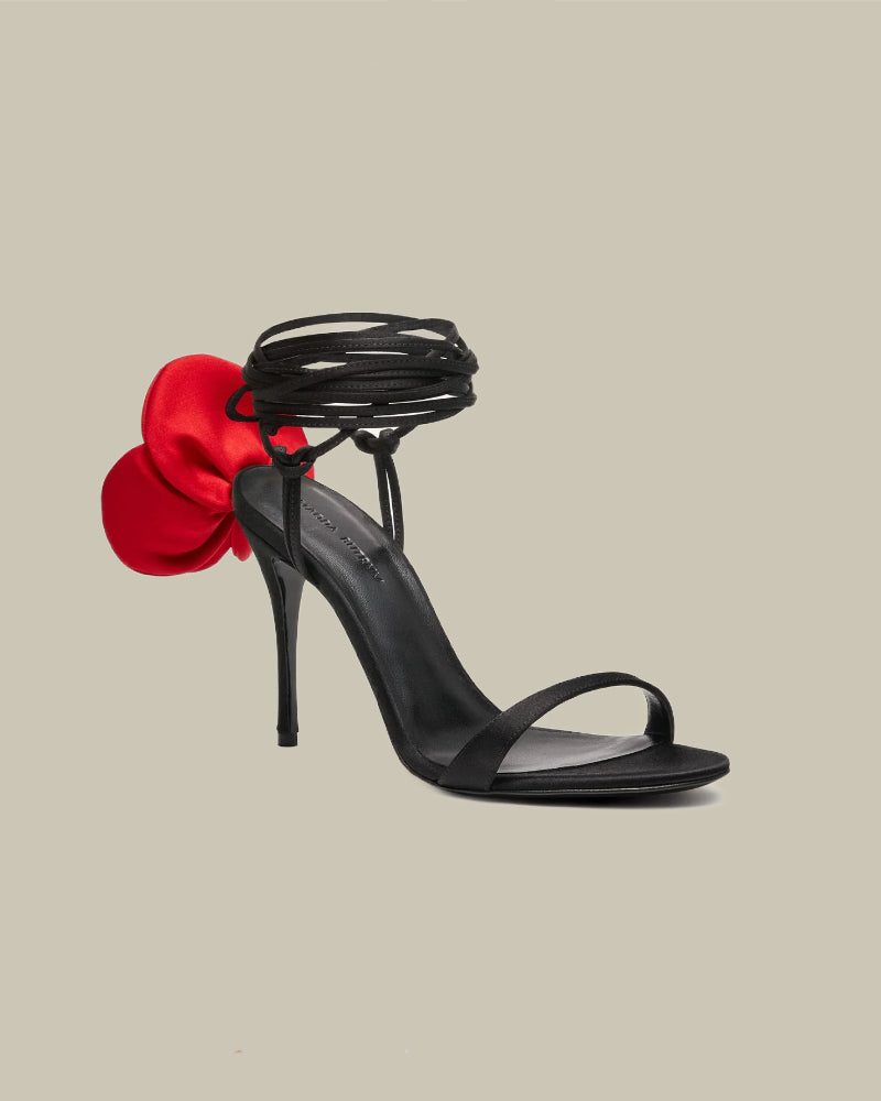 Double Red Flower Heel Sandals in Black Satin