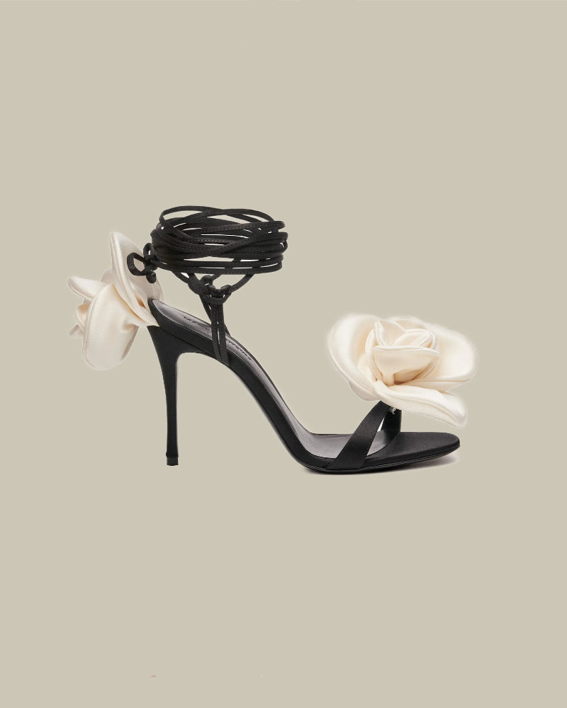 Double Ivory Flower Heel Sandals in Black Satin