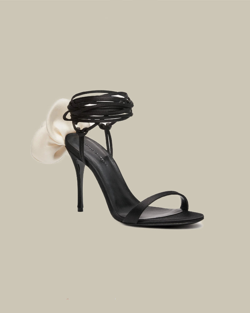 Double Ivory Flower Heel Sandals in Black Satin