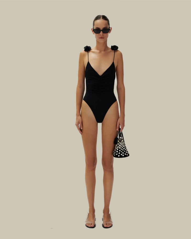 Rosette Black V Neck Swimsuit