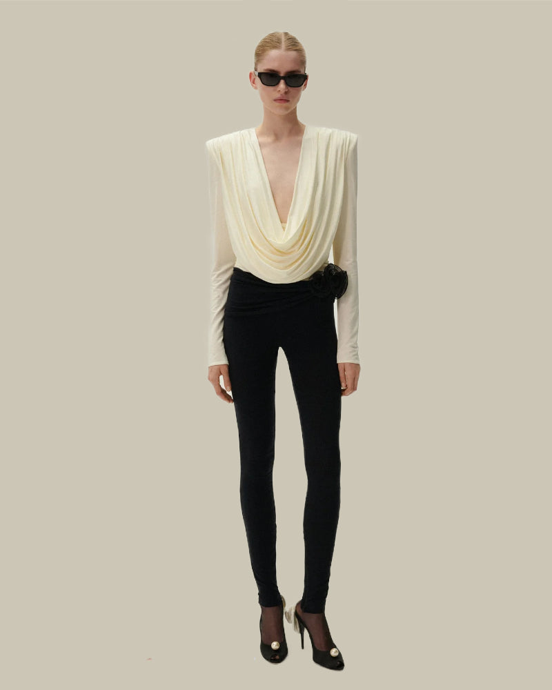 Long Sleeve Draped Jersey Blouse in Cream