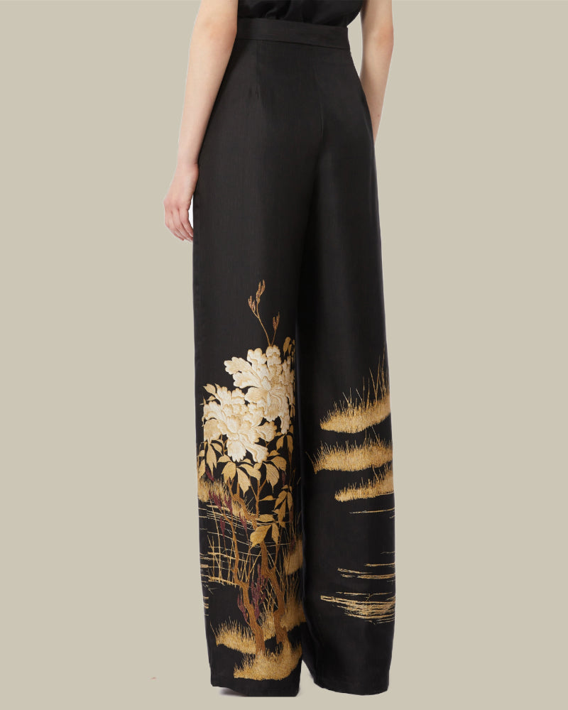 Black Fluid Printed Silk Trousers