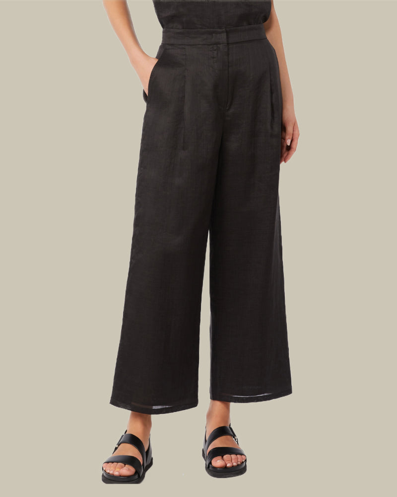 Black Ramie Canvas Cropped Trousers