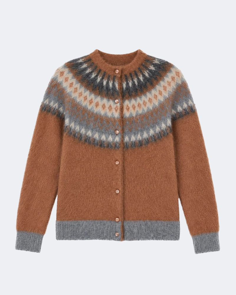 Fair Isle Wool and Mohair Buttoned Sweater Tobacco