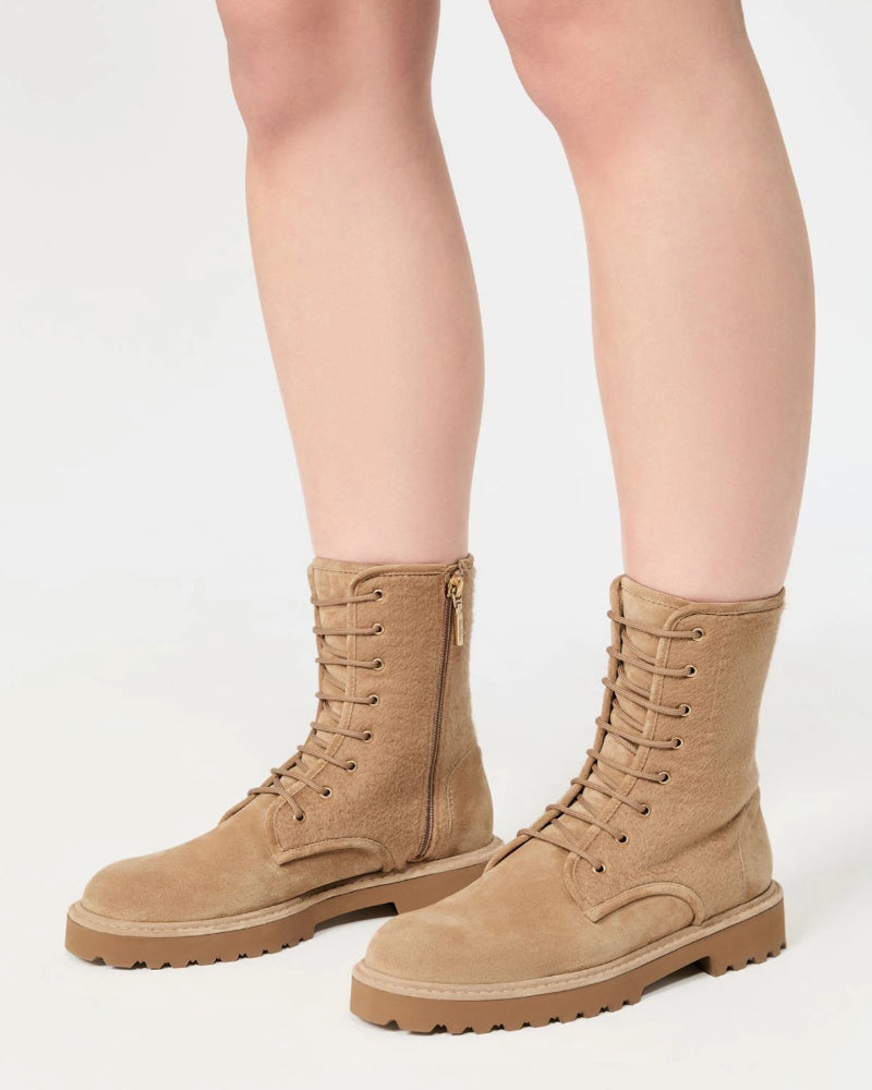 Cashmere Trimmed Suede Combat Boots