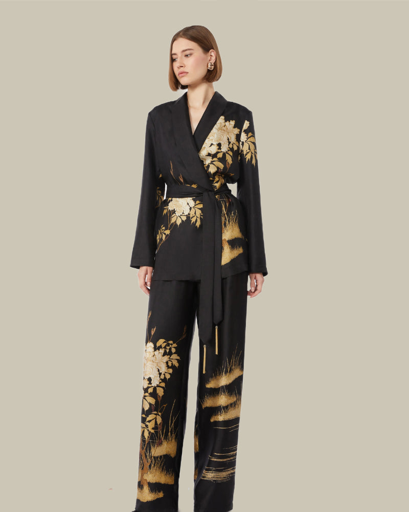 Black Fluid Printed Silk Trousers