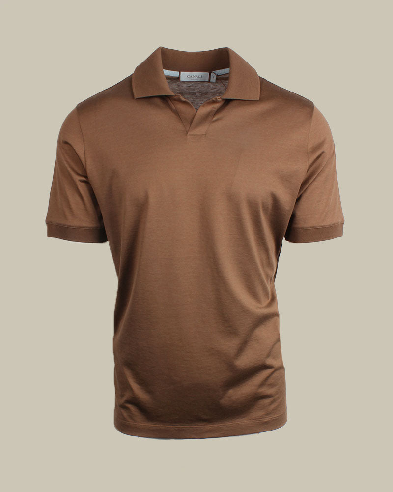 Tobacco Cotton & Silk Skipper Collar Polo