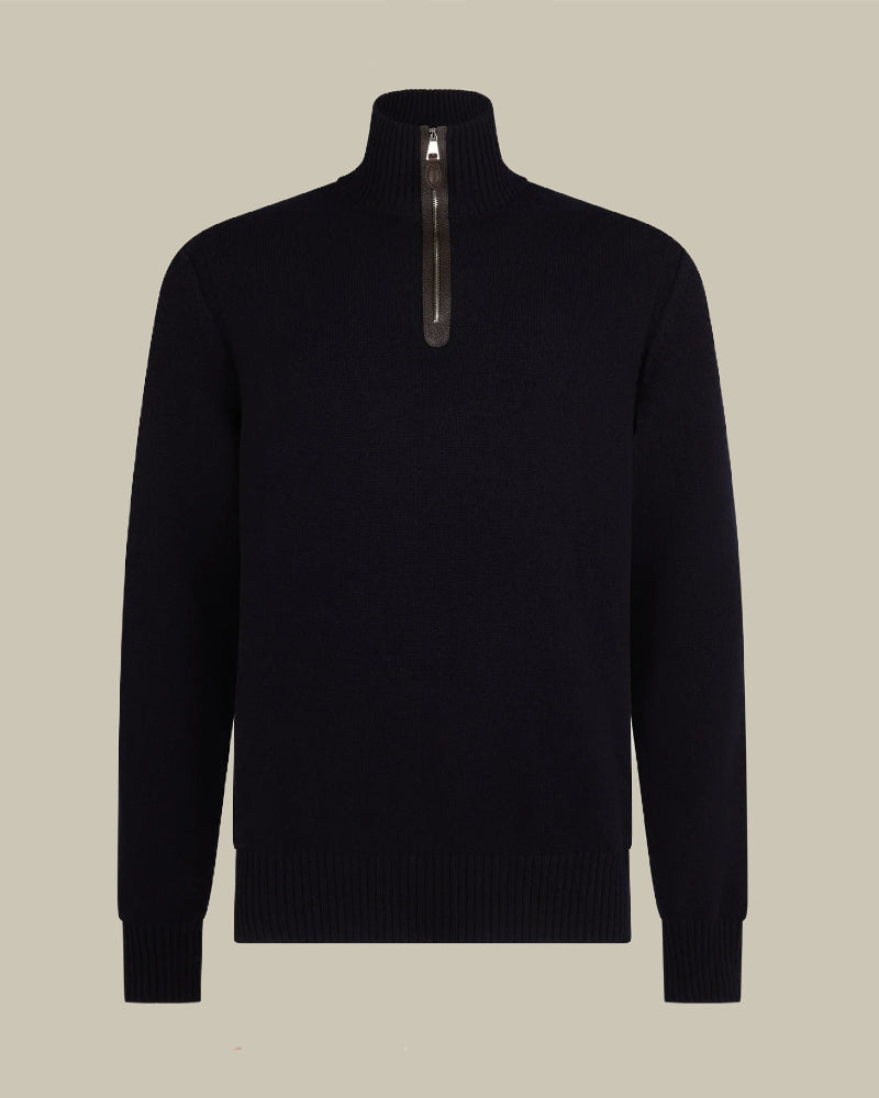 Midnight Cashmere Leather Detail Half Zip