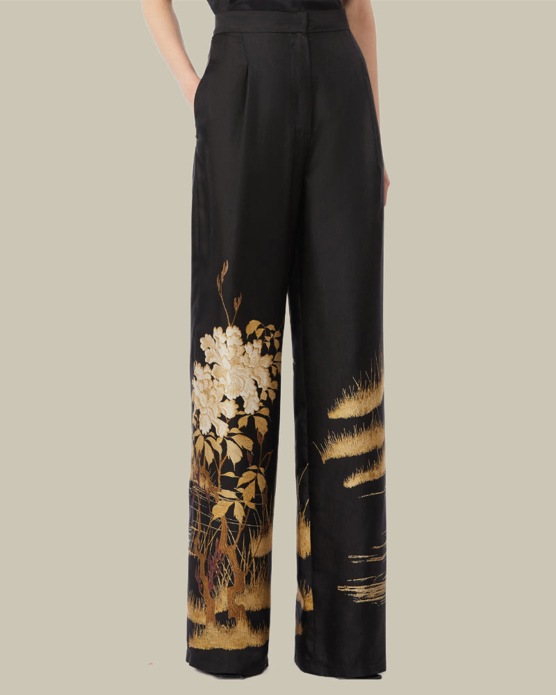 Black Fluid Printed Silk Trousers
