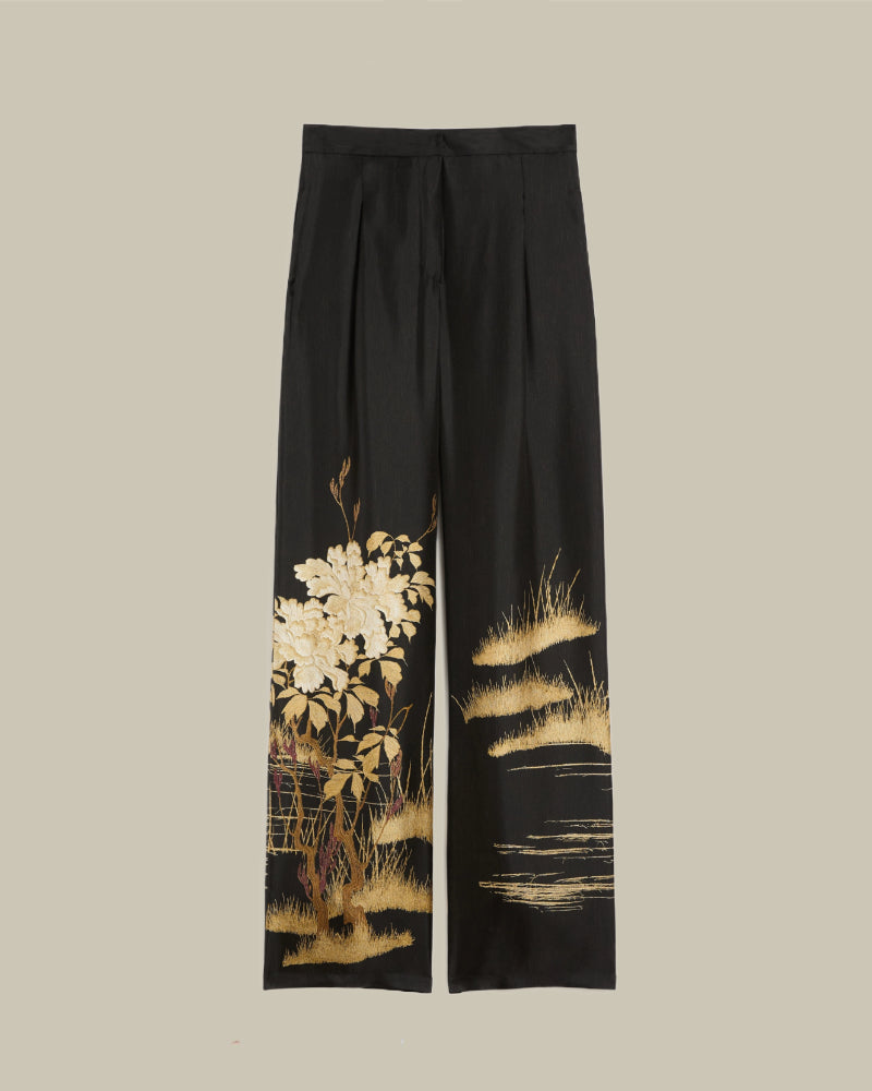 Black Fluid Printed Silk Trousers
