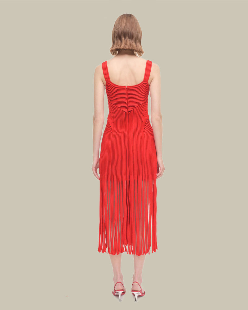 Darby Fiery Red Fringe Hem Midi Dress