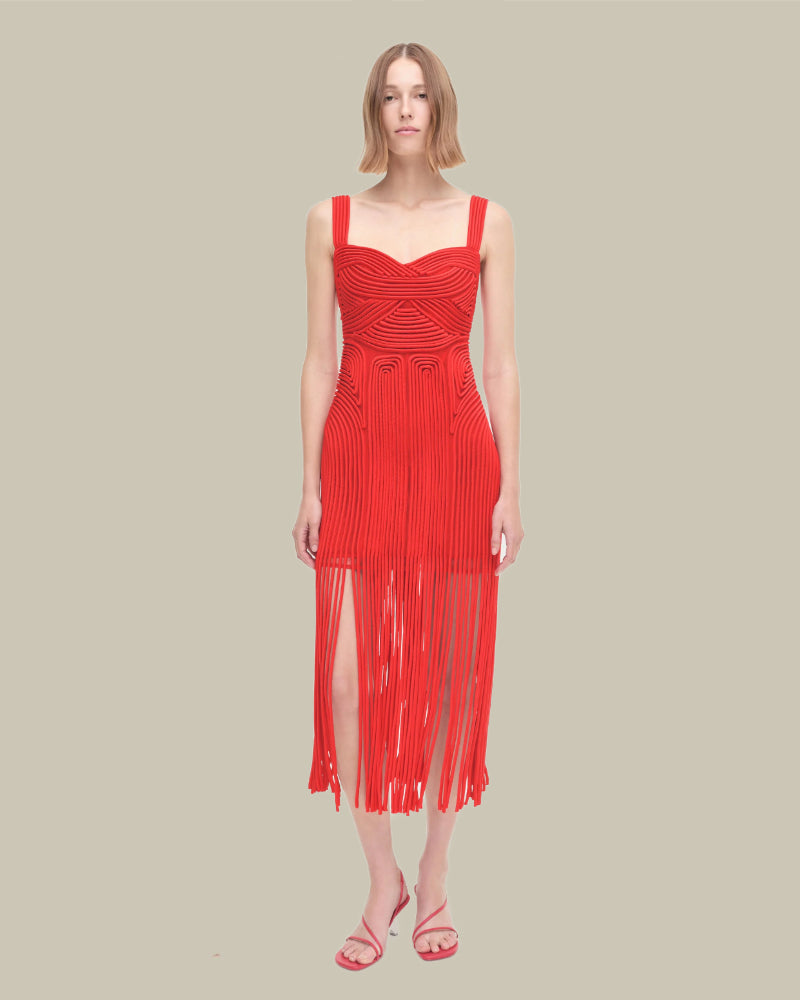 Darby Fiery Red Fringe Hem Midi Dress