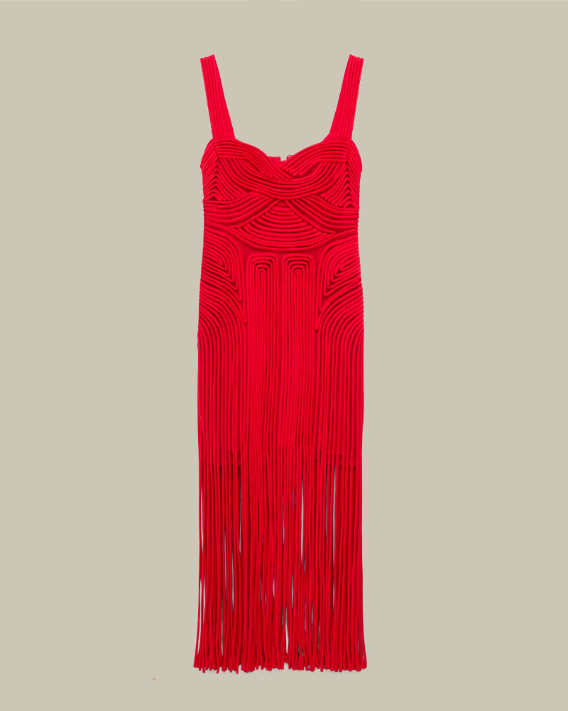 Darby Fiery Red Fringe Hem Midi Dress