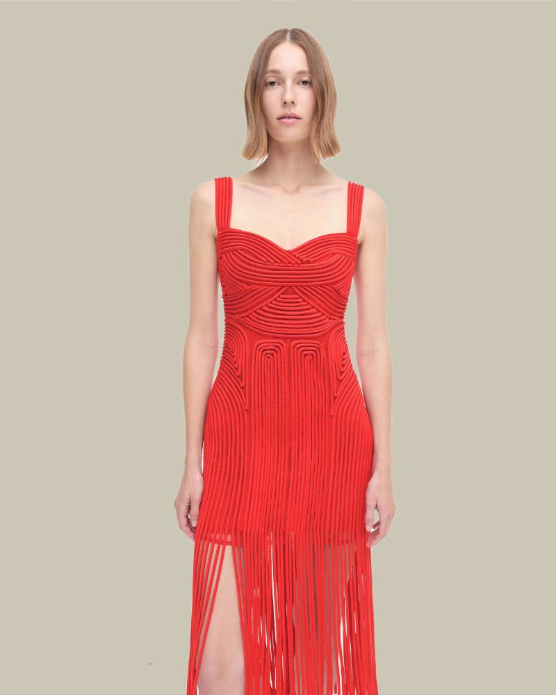 Darby Fiery Red Fringe Hem Midi Dress