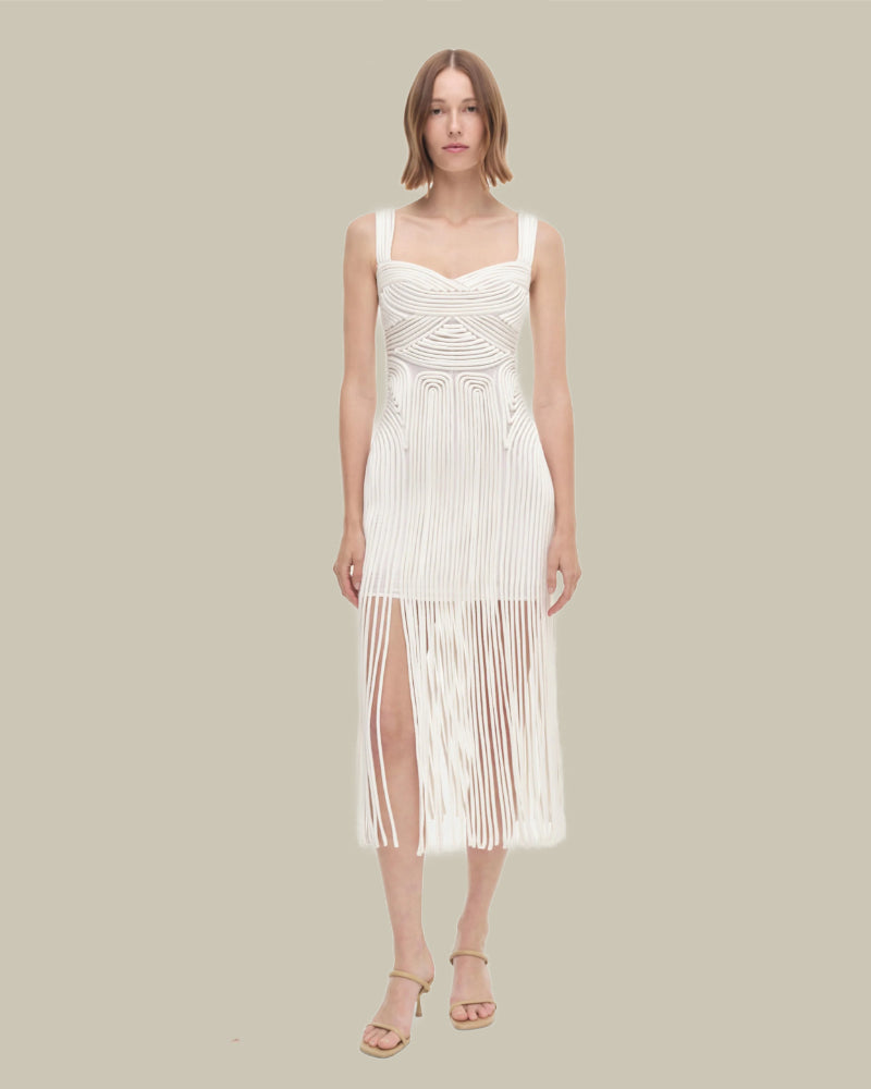 Darby White Fringe Hem Midi Dress