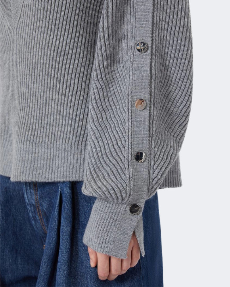 Grey Rib Knit V Neck Wool Jumper