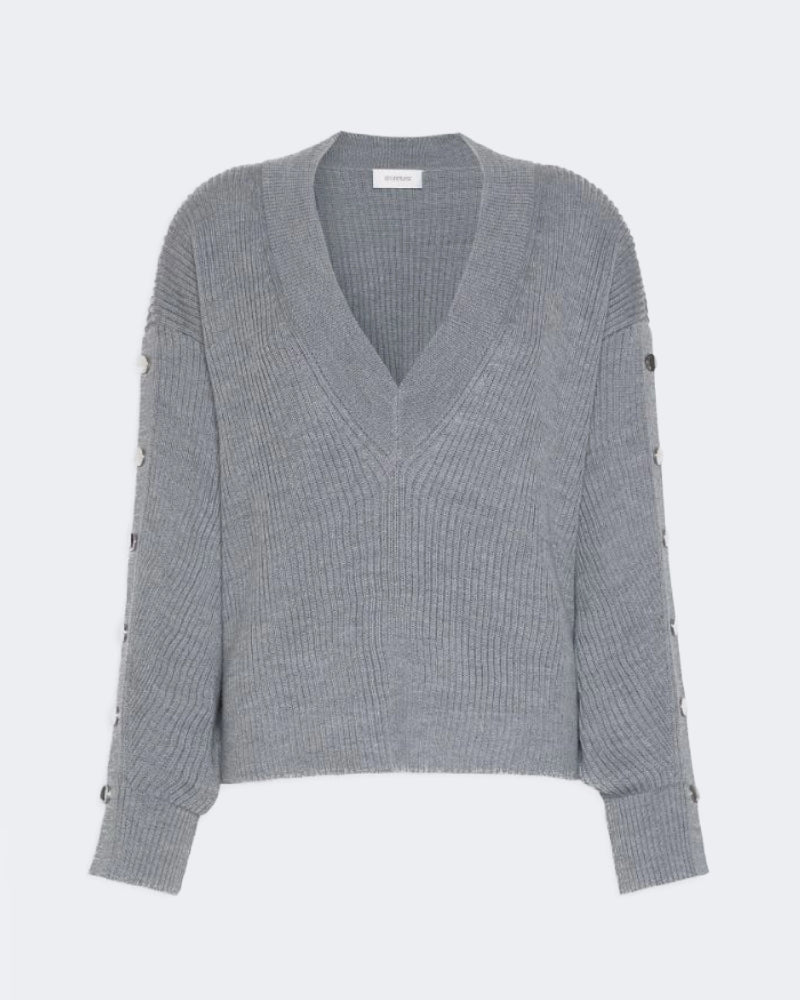 Grey Rib Knit V Neck Wool Jumper
