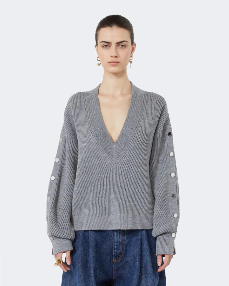 Grey Rib Knit V Neck Wool Jumper