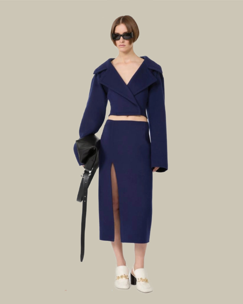 Navy Long Double Faced Wool Skirt